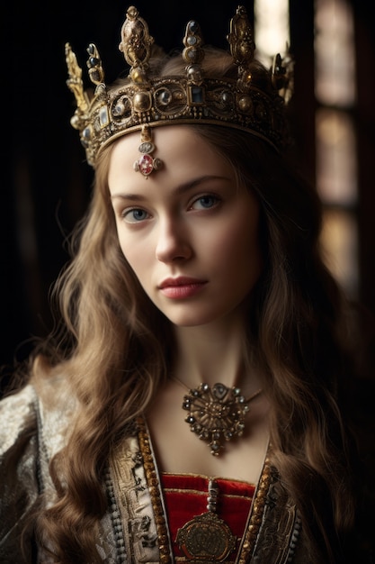 Free photo portrait of medieval queen with crown on her head