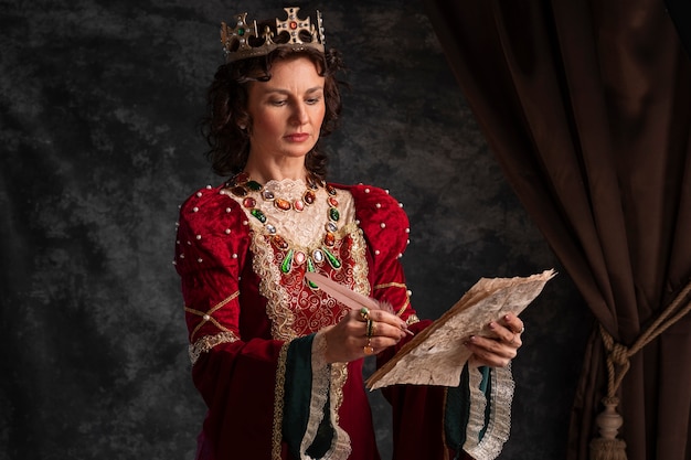 Foto gratuita ritratto di regina medievale con penna scritta su carta