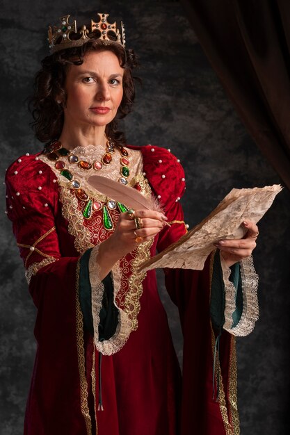 Portrait of medieval queen with quill writing on paper