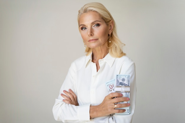 Free photo portrait of middle-aged blonde rich woman with cash money