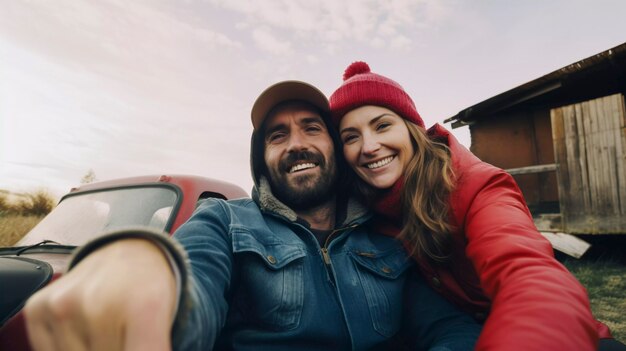 Portrait of millennial couple living in the country side after moving  from the city