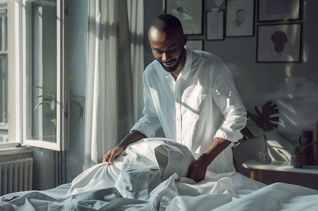 Free photo portrait of modern man cleaning and doing household chores