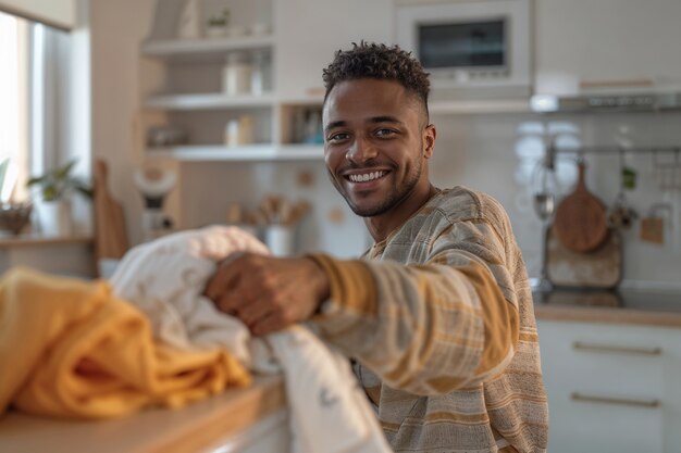 Portrait of modern man performing housework in a gentle and dreamy atmosphere