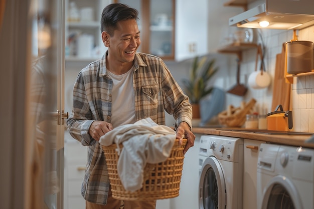 Portrait of modern man performing housework in a gentle and dreamy atmosphere