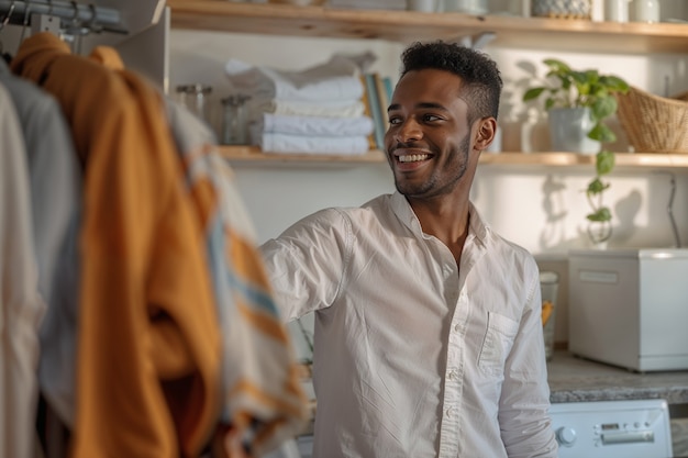 Portrait of modern man performing housework in a gentle and dreamy atmosphere