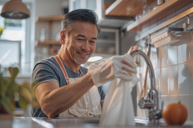 Free photo portrait of modern man performing housework in a gentle and dreamy atmosphere