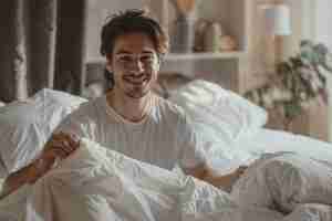 Foto gratuita portrait of modern man performing housework in a gentle and dreamy atmosphere