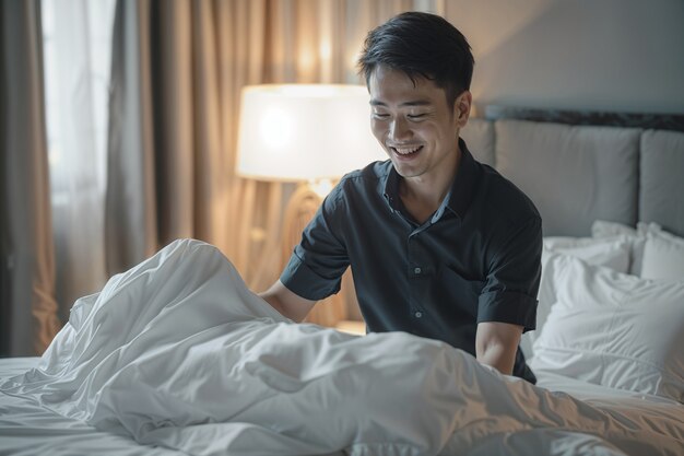 Portrait of modern man performing housework in a gentle and dreamy atmosphere