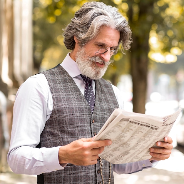 Portrait of modern man reading newspaper