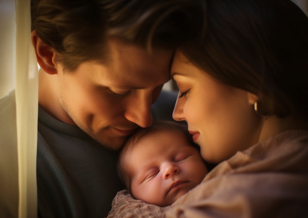 Free photo portrait of mother and father with newborn baby