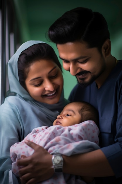 Free photo portrait of mother and father with newborn baby