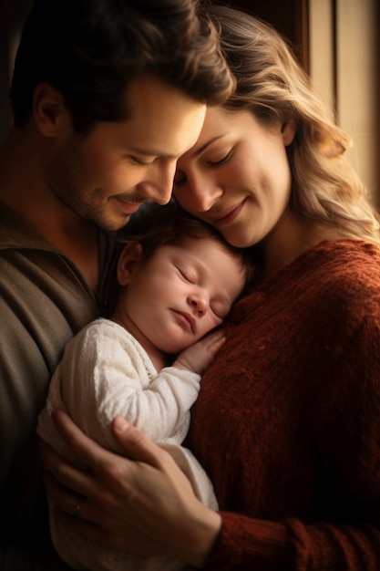 生まれたばかりの赤ちゃんと一緒に母親と父親の肖像画