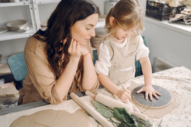 Portrait of mother and little girl shaping clay together