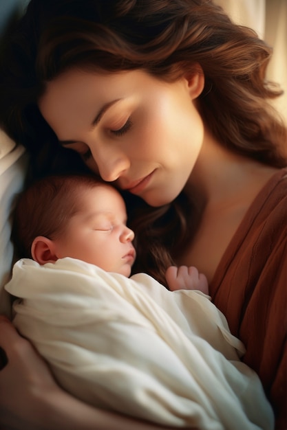 Portrait of mother with newborn baby