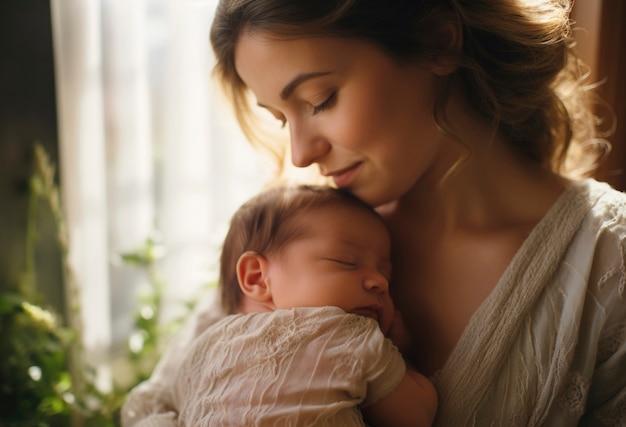 Free photo portrait of mother with newborn baby