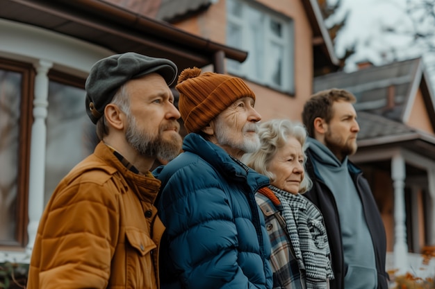 Portrait of multi-generational family sharing a house due to unaffordable price increase in the housing market