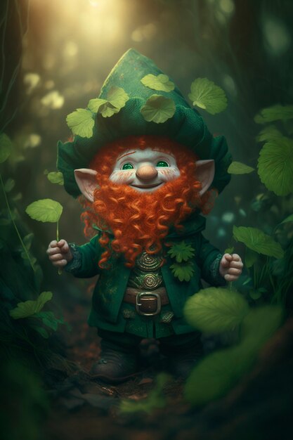 Portrait of mystical leprechaun character surrounded by nature and vegetation