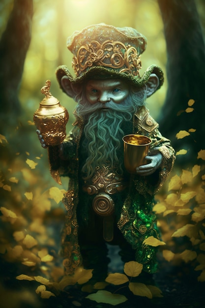 Portrait of mystical leprechaun character surrounded by nature and vegetation