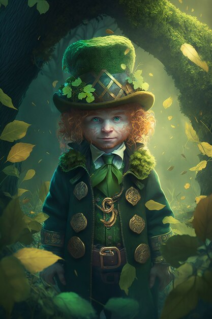 Portrait of mystical leprechaun character surrounded by nature and vegetation