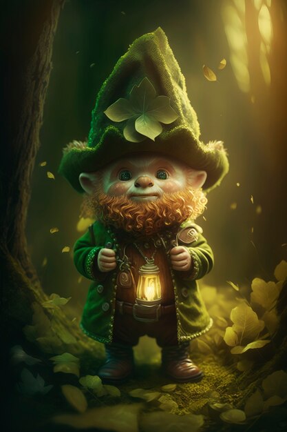 Portrait of mystical leprechaun character surrounded by nature and vegetation