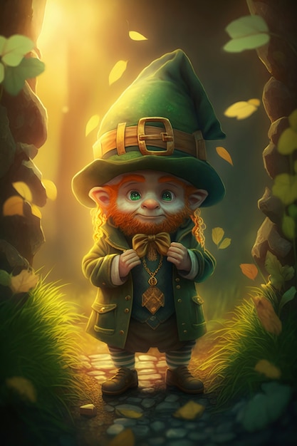 Portrait of mystical leprechaun character surrounded by nature and vegetation