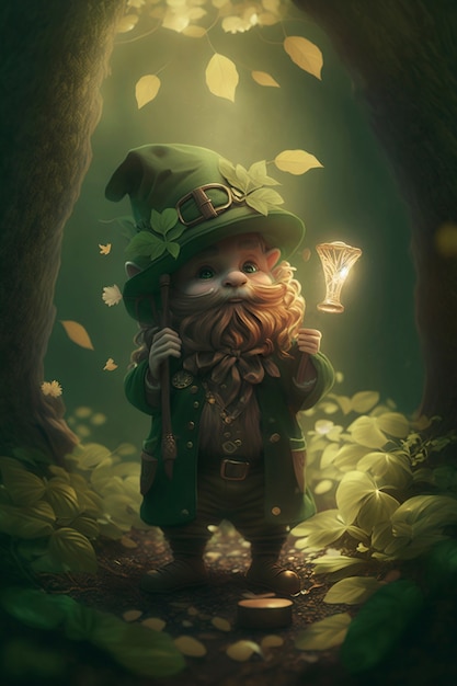 Portrait of mystical leprechaun character surrounded by nature and vegetation