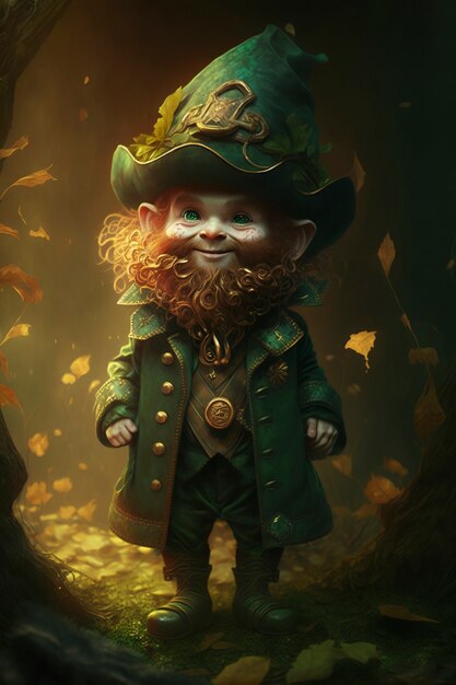 Portrait of mystical leprechaun character surrounded by nature and vegetation