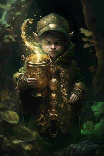 Portrait of mystical leprechaun character surrounded by nature and vegetation