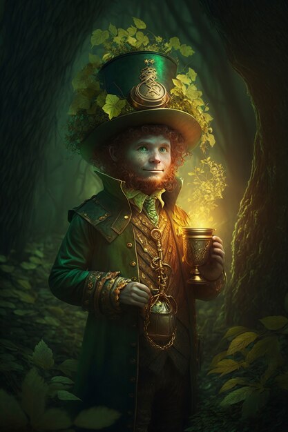 Portrait of mystical leprechaun character surrounded by nature and vegetation