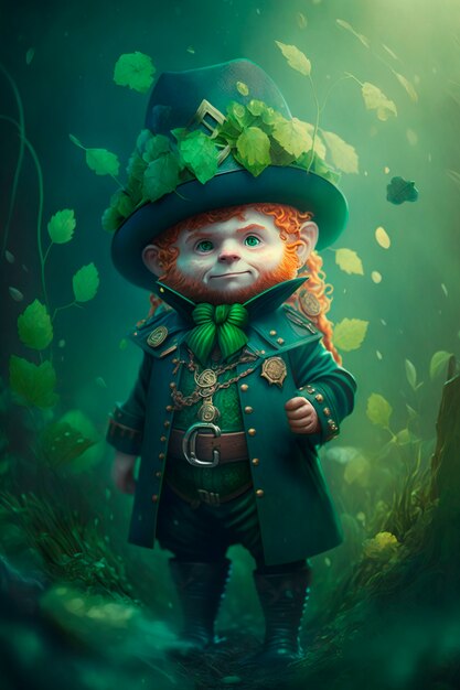 Portrait of mystical leprechaun character surrounded by nature and vegetation