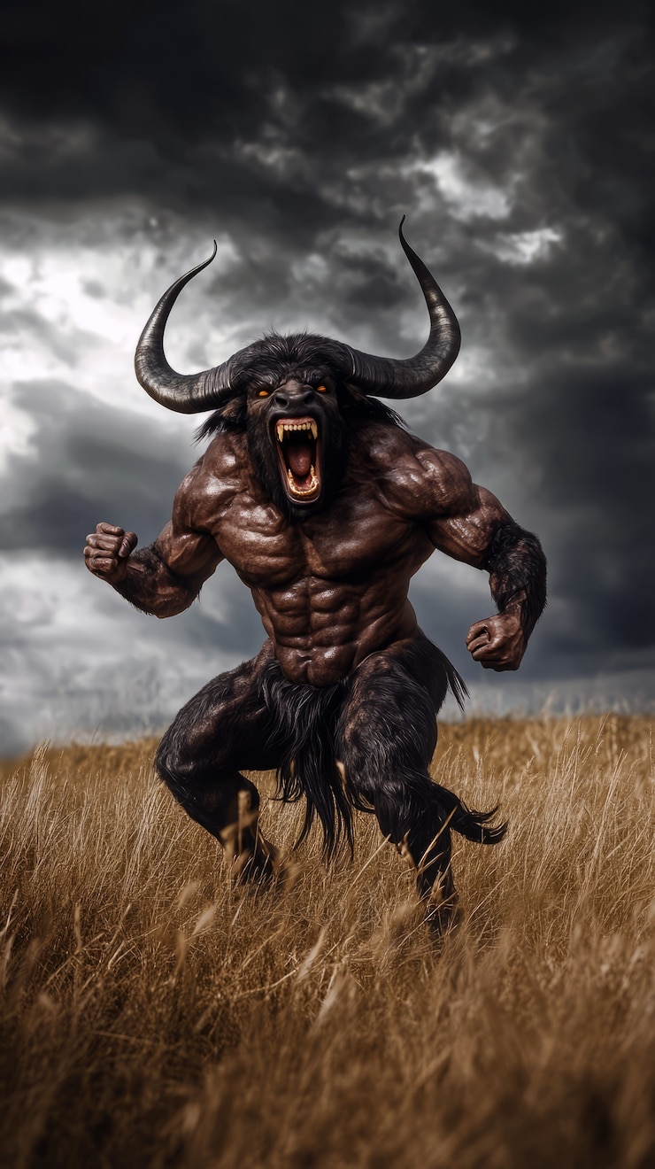 Free Photo portrait of mythological minotaur during storm