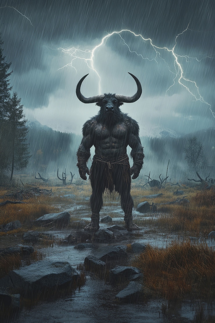 Free Photo portrait of mythological minotaur during storm