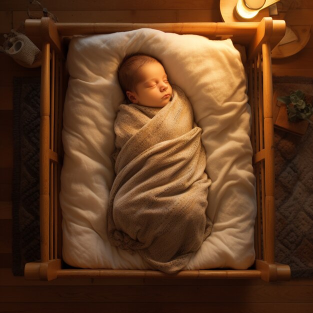 Portrait of newborn baby sleeping in basket