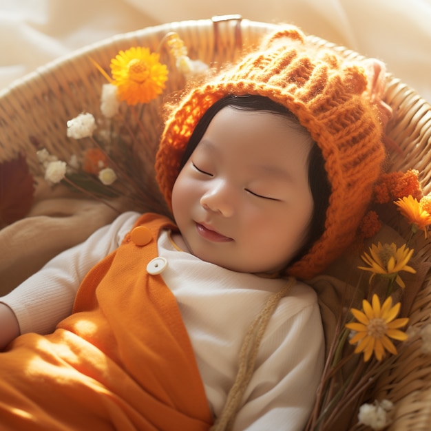 Free photo portrait of newborn baby sleeping in basket