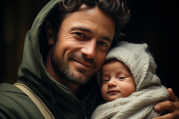 生まれたばかりの赤ちゃんと父親の肖像画