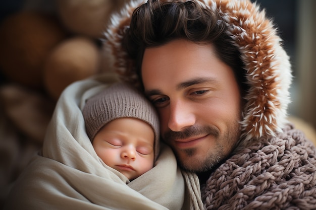 Portrait of newborn baby with father