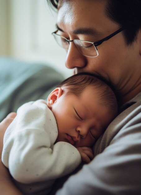 Portrait of newborn baby with father