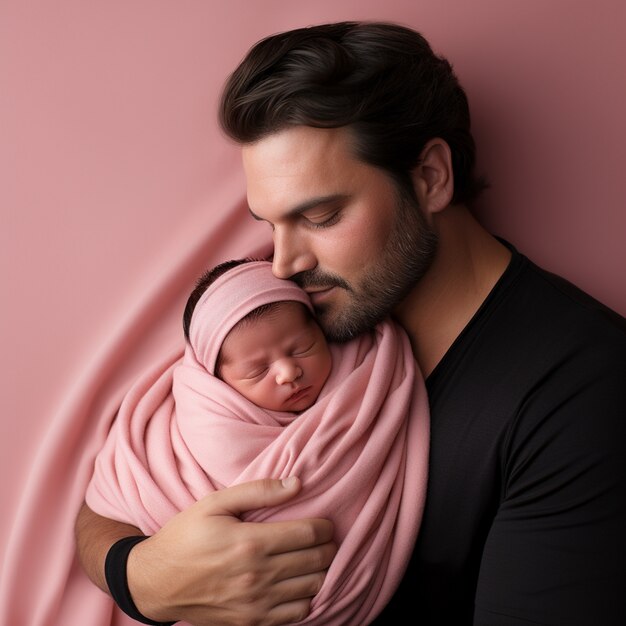 生まれたばかりの赤ちゃんと父親の肖像画