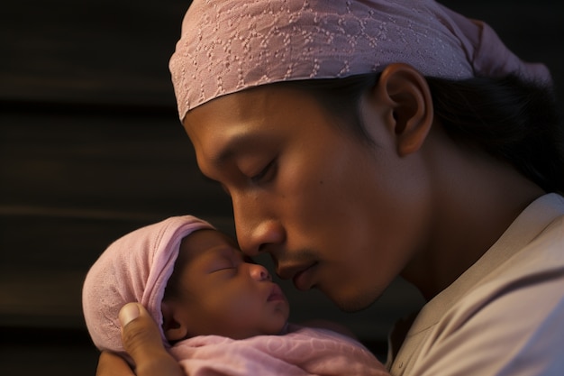 Free photo portrait of newborn baby with father