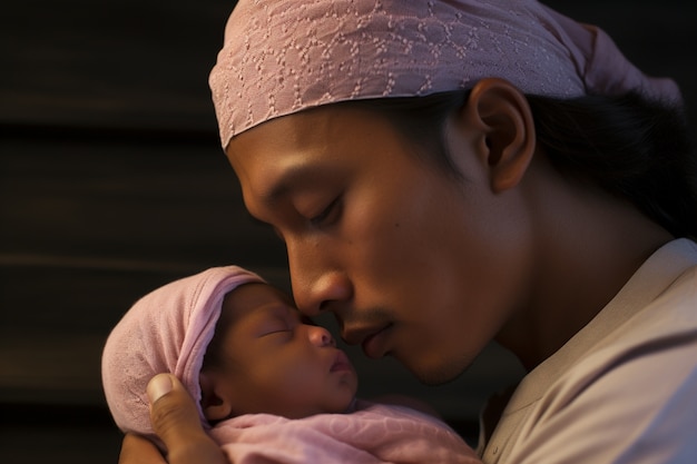 Portrait of newborn baby with father