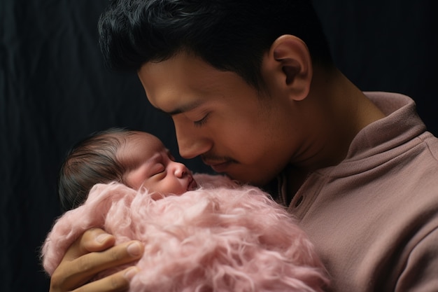 Free photo portrait of newborn baby with father