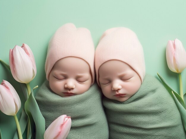 Portrait of newborn baby with flowers