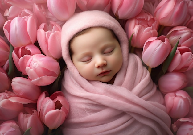 Portrait of newborn baby with flowers