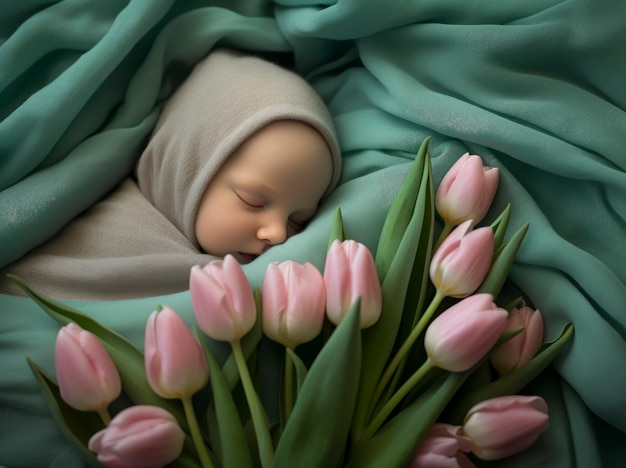 꽃을 들고 갓 태어난 아기의 초상화