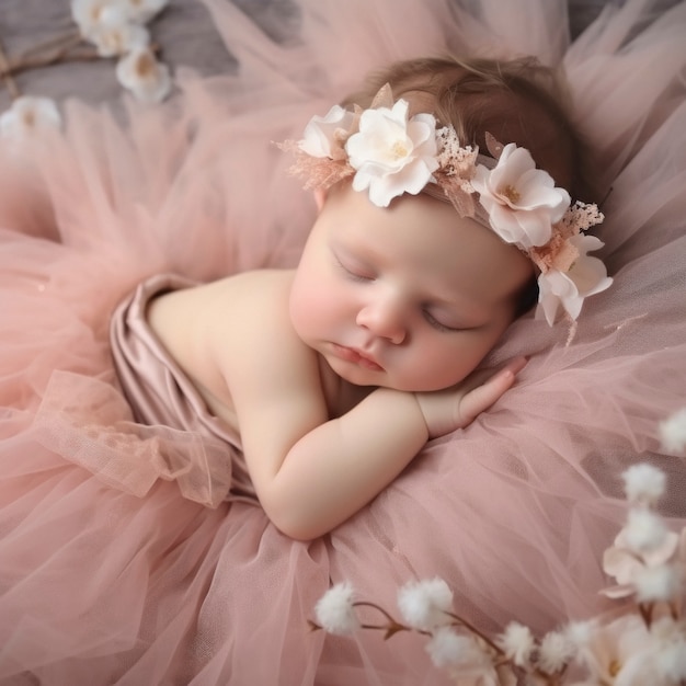 Portrait of newborn baby with flowers