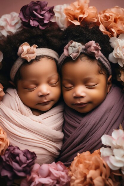 Portrait of newborn baby with flowers