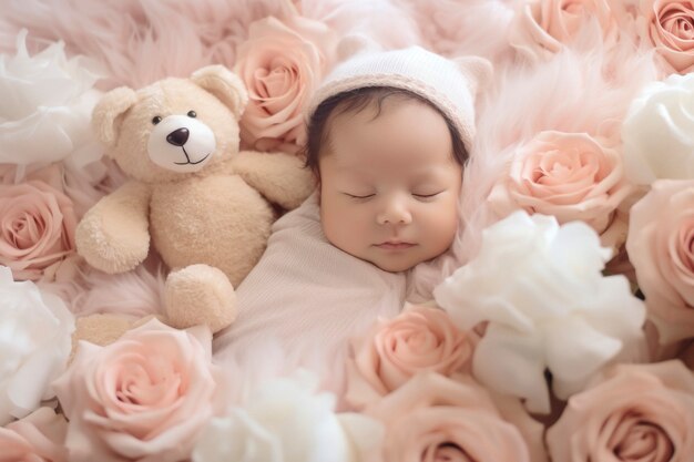 Portrait of newborn baby with flowers