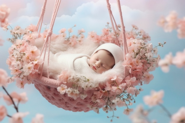 Portrait of newborn baby with flowers