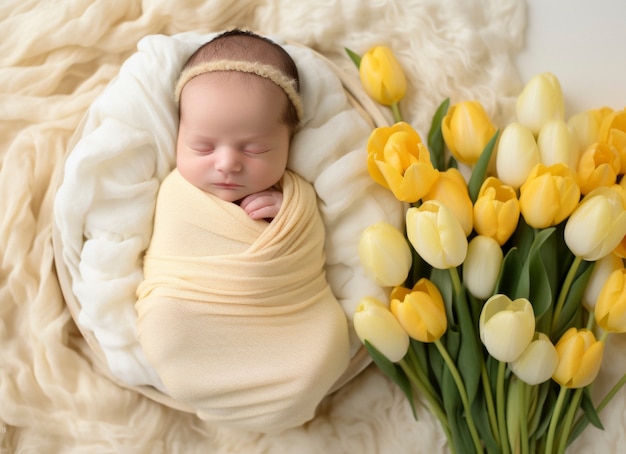 Portrait of newborn baby with flowers