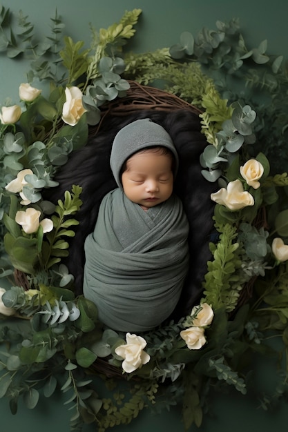 Free photo portrait of newborn baby with flowers